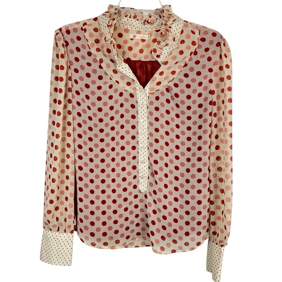 Tulle Tops - Tulle Polka Dot Ruffle Collar Mixed Print Blouse S